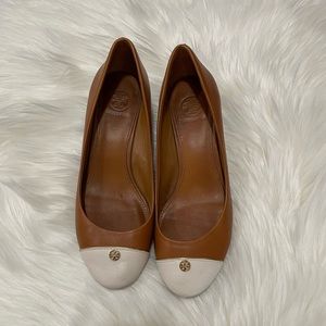 Tory Burch Brown Tan Ivory Leather Tiffy Cup-toe Gold Reva Wedge Size 7
